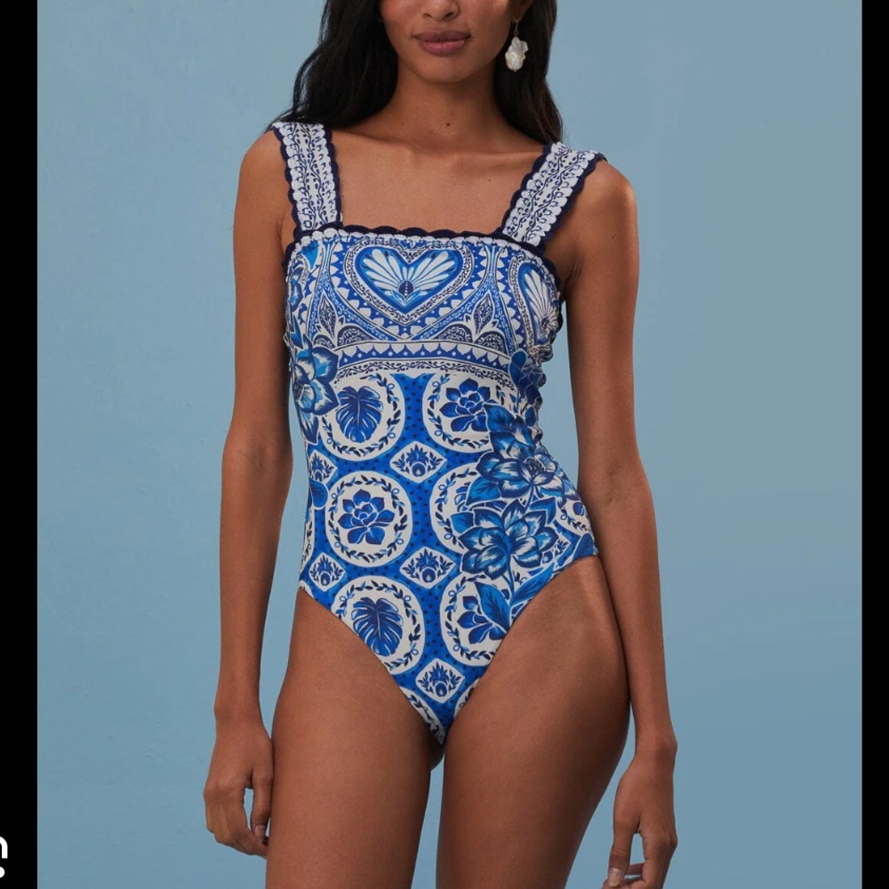 NWT Farm Rio XS Tile Dream One Piece Swimsuit Blue